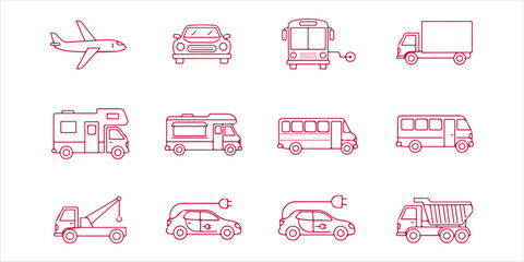 Collection of vehicle line icons including airplane, car, bus, truck, rv, van, tow truck, electric car, and more