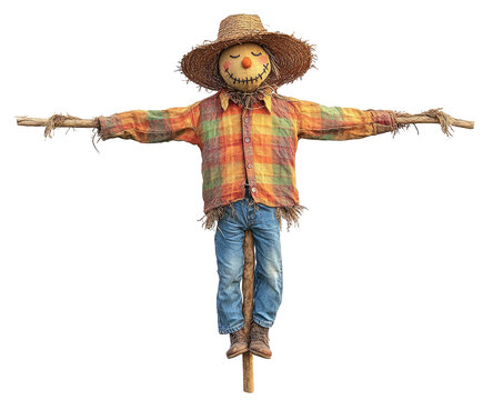 Smiling straw scarecrow, autumn clothes, on a black backdrop