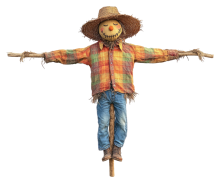 Smiling straw scarecrow, autumn clothes, on a black backdrop