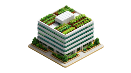 Eco-Friendly Corporate Building: A modern, sustainable corporate building integrates nature with a vibrant green roof and innovative design, showcasing a commitment to environmental responsibility.