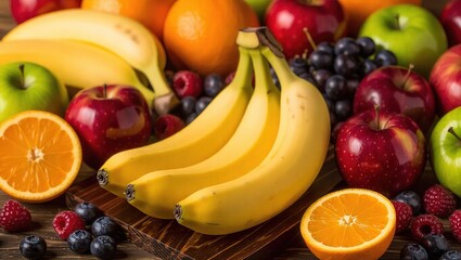 Assortment of Fresh Fruits - Bananas, Apples, Oranges, Berries.