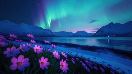 Aurora Borealis over a serene lake with vibrant flowers.