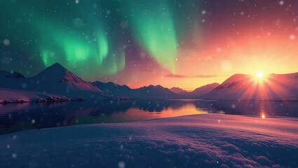 Aurora Borealis Over Snowy Mountains - A Winter Wonderland Landscape.