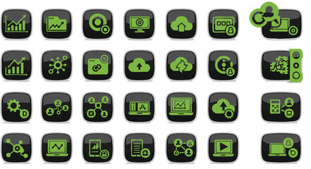 Vector icon set depicting cloud computing, data analysis, network security, and digital technology concepts, perfect for business applications and web design elements