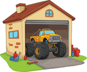 Cartoon yellow monster truck in garage with tools and equipment, oversized tires and roll cage, white background, playful vehicle illustration © Shihab Creative