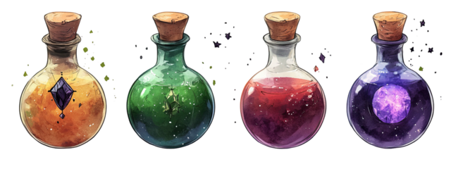 Four potions with different colors and contents, each corked