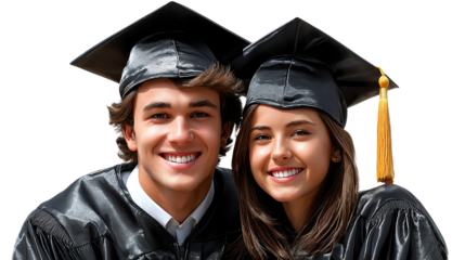 Graduation Smile: A portrait of two graduates radiates happiness and hope, their beaming smiles and traditional attire signifying a celebration of knowledge and achievement.