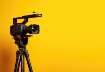 Professional video camera on tripod against bright yellow background
