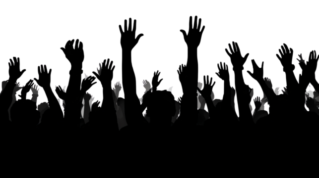 Raised Hands Crowd Silhouette: A sea of silhouettes with hands raised high, creating a powerful visual of unity, engagement, and active participation. Capturing the energy and togetherness.