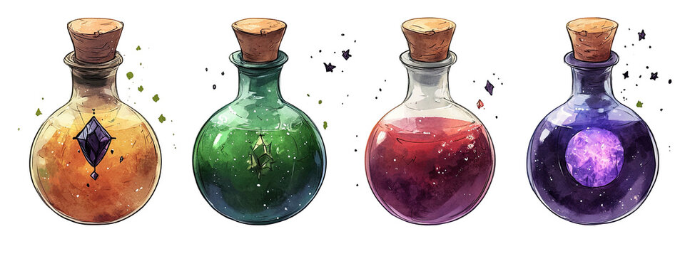 Four potions with different colors and contents, each corked