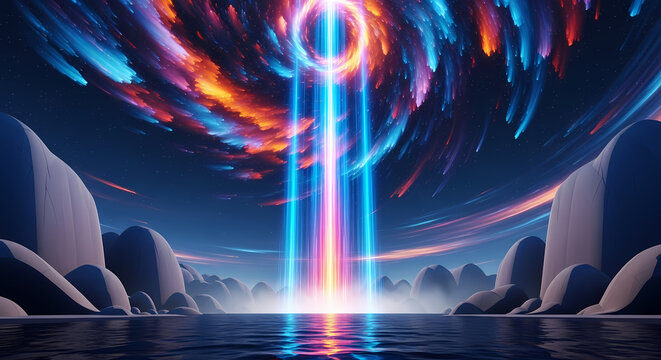 Experience the awe of cosmic energy beams illuminating a mystical landscape with vibrant nebulae swirling above a tranquil ocean