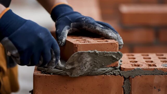 A construction worker applies mortar with a trowel to lay bricks for a new wall.