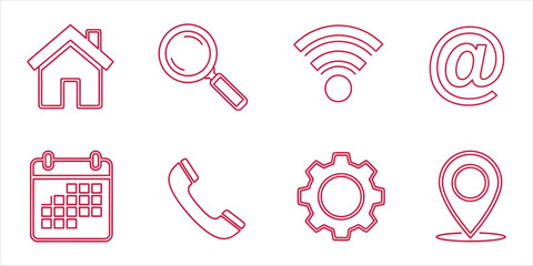 Collection of essential contact and communication icons, including home, search, wifi, email, calendar, phone, settings, and location