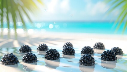 Black caviar on a beach, luxury food, summer vacation.