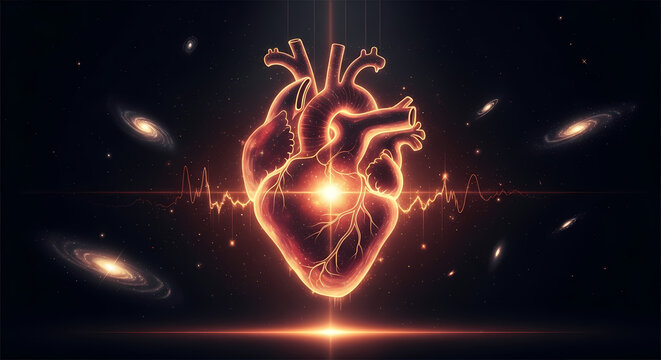 Vibrant cosmic heart pulsates with life and energy amidst swirling galaxies and vital life signals, a powerful symbol of existence