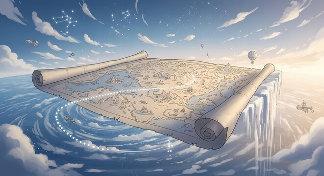 Discover your next adventure on this whimsical fantasy map floating among clouds with hot air balloons and celestial constellations guiding the way.