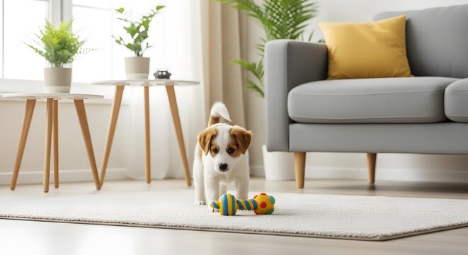 Jack russell terrier puppy with toy in living room near couch and plants on tables indoors looking forward