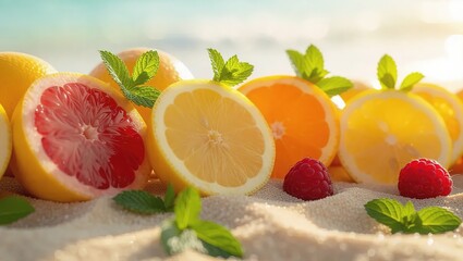 Citrus Fruits Displayed with Fresh Mint and Raspberries.