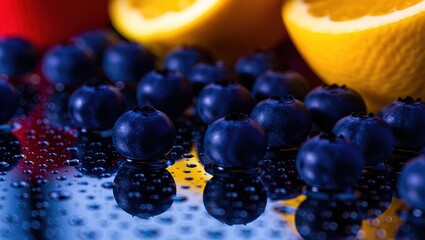 Close-up of Fresh Blueberries and Citrus Fruits.