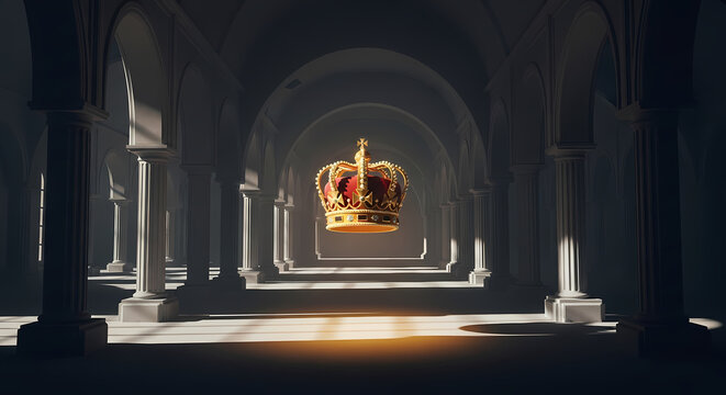 Majestic golden crown floats in grand arched hall with dramatic sunlight casting ethereal glow, symbolizing power and royalty