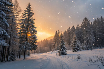 Obraz premium Serene Glowing Snow-Covered Pine Forest at Dusk, Christmas Landscape