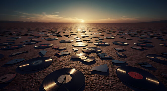 Scattered vintage vinyl records lie across a desolate landscape under a dramatic sunset sky, evoking a sense of nostalgia and loss.