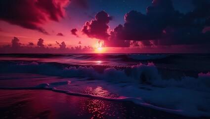 Crimson Sunset Over the Ocean - A Breathtaking Coastal Scene.