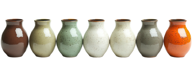 Row of colorful, glazed, ceramic vases with neutral tones