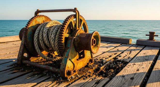 Rusty old winch with rope on a wooden pier by the sea at sunset - Powered by Adobe