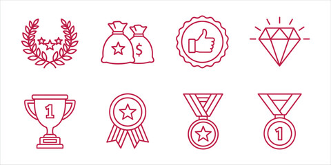 Success and award concept with line icons laurel, money, like, diamond, cup, medal, reward, achievement