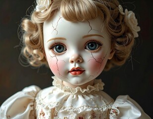 Doll with cracked porcelain skin and delicate features in soft lighting Generative AI