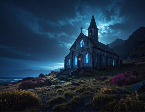 Dark church under a stormy sky with glowing windows and scenic landscape Generative AI - Powered by Adobe