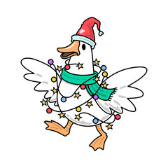 Christmas Cartoon Duck on Sleigh – Festive Holiday Character with Santa Outfit and Snowflake Decor