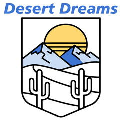 Minimalist Line Art Logo: Desert Landscape Cactus and Mountain Badge