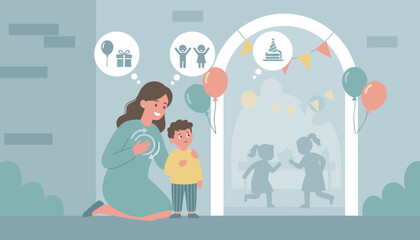 Mother comforts sad child before party symbolizing social anxiety emotional support and childhood