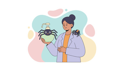 Professional holding whimsical spider soap dispenser illustrating scientific curiosity and hygiene