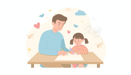 Happy father and daughter drawing together at a table enjoying family bonding and learning