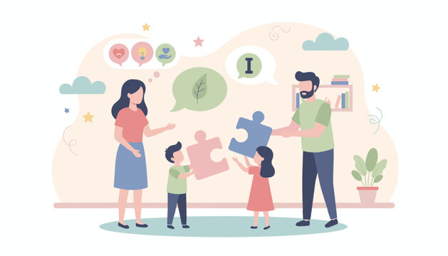 Family uniting puzzle pieces symbolizing teamwork problemsolving and shared growth Education  support concept
