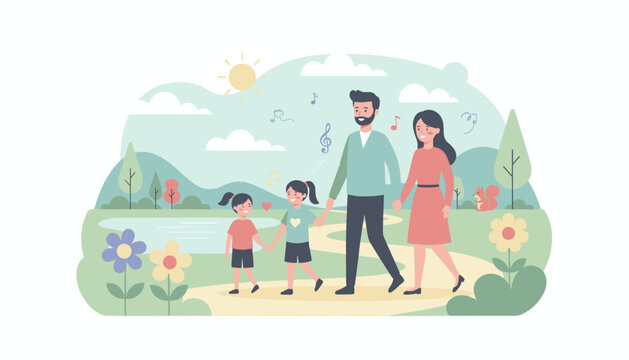 Happy family walking together in a park enjoying nature and a sunny day Joyful outdoor activity
