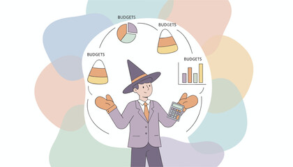 Man in witch hat juggles candy corn and financial charts symbolizing budget management
