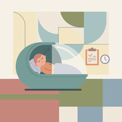 Person sleeping soundly in a futuristic pod promoting rest wellness and health monitoring