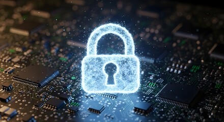 Digital padlock glowing above a circuit board representing cybersecurity and data protection concept