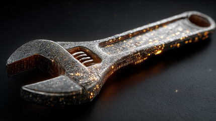 Digital white gold and silver wrench with glowing binary code symbolizing AI and predictive maintenance in modern systems representing advanced equipment diagnostics and remote repair assistance