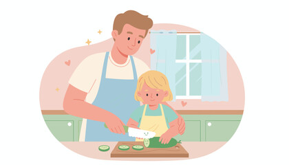 Happy father and daughter cooking together in kitchen slicing cucumber for healthy meal family lifestyle