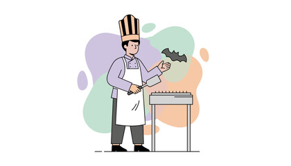 Illustration of a chef grilling a bat Halloween cooking spooky food and festive fun