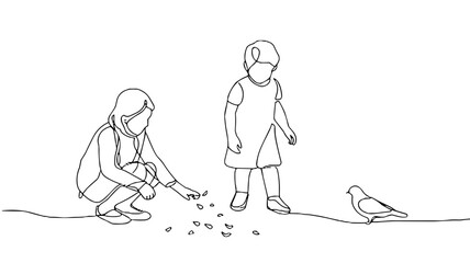 Two children feeding birds while playing outdoors in sketch style  