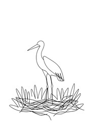 Line art of a heron standing in a nest surrounded by grass  
