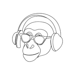 Line drawing of a monkey wearing headphones and sunglasses  