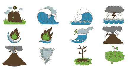 Vibrant cartoon vector icons illustrating natural disasters, extreme weather events, and critical environmental changes including storms, wildfires, floods, droughts, and volcanic eruptions