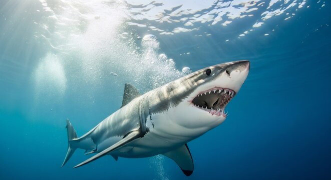 Great White Shark swimming in deep blue ocean with open mouth, jaws